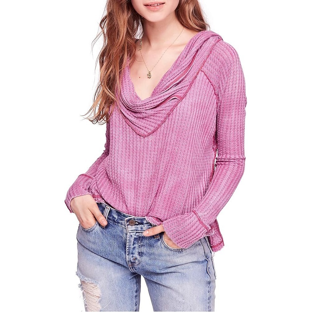 Free People We The Free‎ Southside Thermal Cowl Neck Waffle Knit Top Pink XS NEW